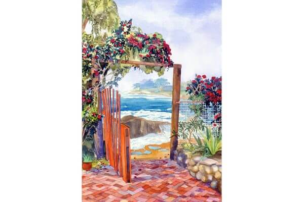 A painting of a wooden gateway to soul travel opening upon a beach scene with an ocean island in the distance.
