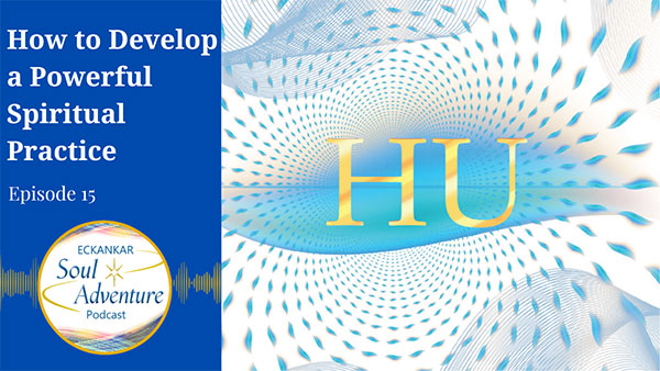 Eckankar Soul Adventure Podcast logo with golden HU, blue-white swirls symbolizing the spiritual power of the ancient mantra.