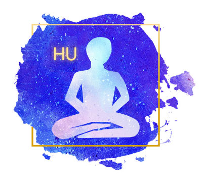 Person meditating with golden HU on radiant blue background, experiencing peace, divine love, and the spiritual power of HU.