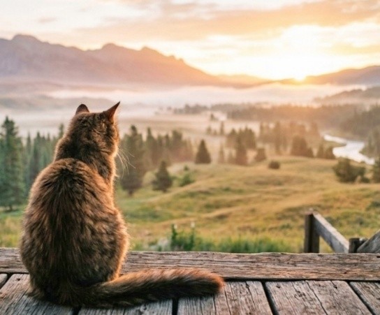 Tabby cat overlooking a misty mountain valley at sunrise, symbolizing pet reincarnation, spiritual connection, and Soul's eternal journey.