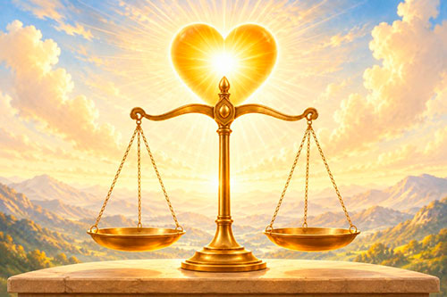 Scales of justice with a radiant heart of light symbolizing how divine love, karma, and spiritual growth transcend the limits of human justice. 